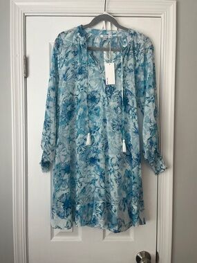 Light Blue Floral Tunic Dress with Tassel Tie